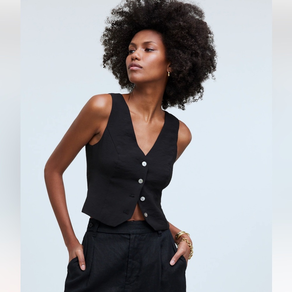 NEW Madewell Katrina Crop Vest Top in Softdrape Size 2 True Black - Picture 2 of 9